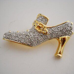 Vintage Shoe Pin Brooch High Heel Pump Silver Gold Tone Metal Clear Rhinestones